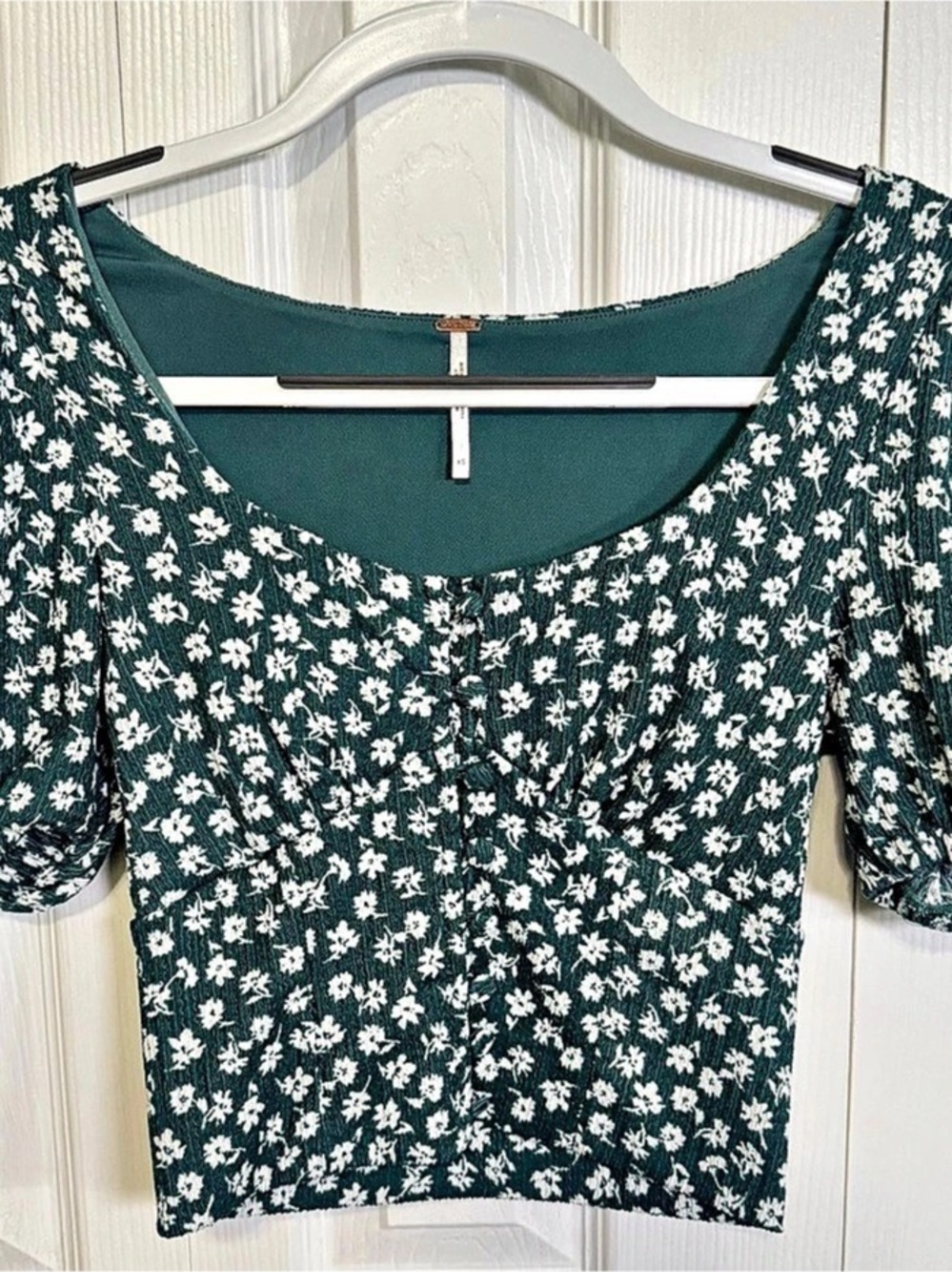 Free People Green Floral Puff Sleeve Crop Top XS
